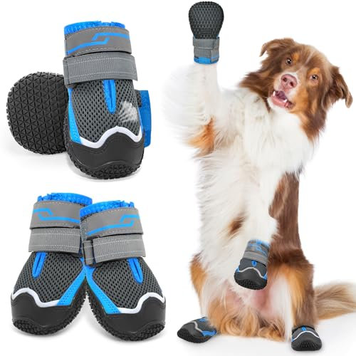 Weesiber Hundeschuhe, 4 Stück rutschfeste Hundestiefel mit Reflektierenden Riemen und Verschleißfester Gummisohle, Pfotenschutz für Kleine, Mittlere und Große Hunde (Grau, Größe 6)