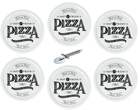 Lentz Piatto per pizza Ø 31 cm in porcellana con scritta retrò pizza – a scelta con tagliapizza (set da 6 con tagliapizza)
