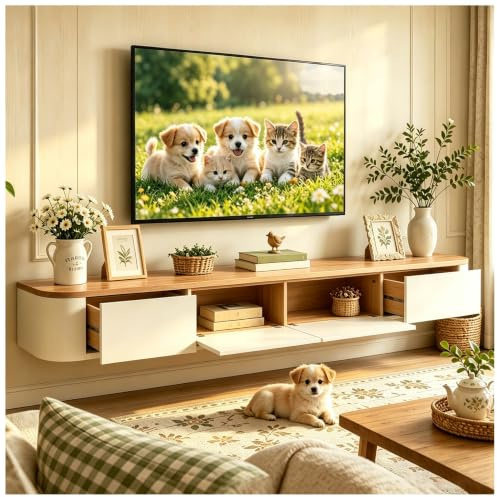 KSYGINXD TV Lowboard Hängend 240cm Weiß+Holzton, Moderner TV Schrank Schwebend, TV Board 2 Schubladen 2 Klappen Türen, Fernsehtisch mit Kabelmanagement, für Wohnzimmer und Esszimmer