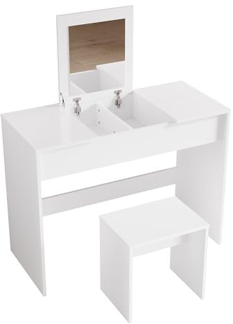 SONNI Schminktisch, Frisiertisch mit Klappspiegel und Hocker, Kosmetiktisch, Schreibtisch, Kommode für Make-up 3 in 1 Design für Schlafzimmer, Wohnung, Loft, Wohnheim, Holz, Weiß, 100 x 45 x 76 cm.