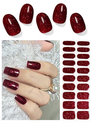 Wahrshei UV Gel Strips | 20 pcs Red Glitter UV Nagelfolie Selbstklebend | Nagel Sticker, Gellack Wraps