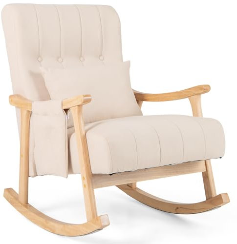 COSTWAY Relax Rocking Chair, Linen Fabric Upholstered Rocker Accent Chair with Lumbar Pillow & Side Pocket, Solid Wood Modern Leisure Lounge Armchair for Nursery Living Room Bedroom