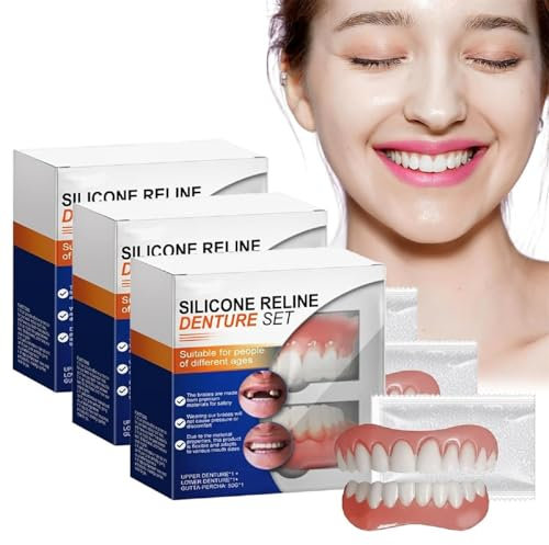 Silicone Reline Denture Set, Silicone Soft Dentures Repair, False Teeth Set, Veneers Teeth, Soft Dentures for Upper & Lower Denture, Tooth Repair Kit (3pcs)