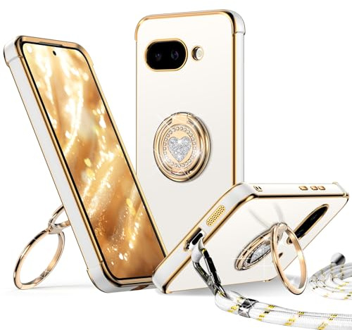 XYZ für Google Pixel 9A Hülle mit Band, Weiß | Herzen Doppelring Ständer HandyHülle, Frauen Mädchen Dünn Stoßfeste Case mit Handykette, Anti Kratzt SchutzHülle
