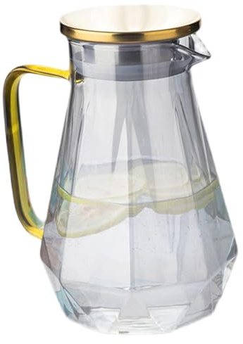 Glaskrug mit Deckel, 2L moderner Diamantglaswasserflasche mit Ausguss & Griff, kalt/hitzebeständiger Saftkrug für heißes kaltes Wassergetränk Teekrug mit Deckel
