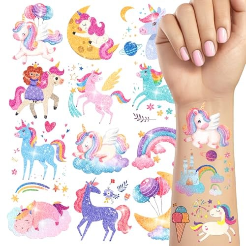 TatoYard Glitzer Tattoo Kinder Mädchen, Kindertattoos Sticker Einhorn Tattoos Mädchen, Temporäre Kindertattoos Perfekt für Kindergeburtstag Party Mitgebsel Adventskalender Füllung