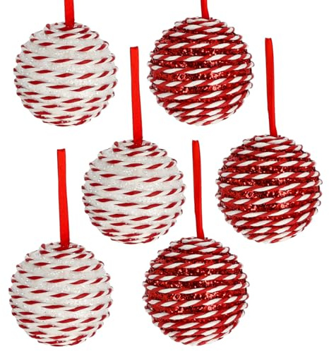 MACOSA CP74657_x6 Christbaumkugeln 6er Rot Weiß Glitzer 10 cm Christbaumschmuck Dekokugeln Hängedekoration Weihnachten Winter Winterdeko Tannenbaumschmuck Christbaum Deko