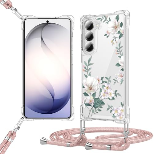 Handyhülle für Samsung Galaxy S23 Hülle mit Band,Case Blumen mit Abnehmbar Handy Kette Zum Umhängen,Samsung S23 hülle mit Kameraschutz TPU+PC Stoßfest Cover,Roségold