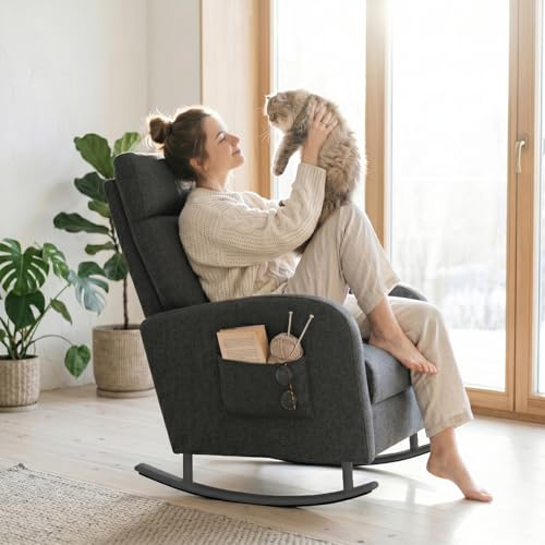 JIEXI Schaukelstuhl mit Gepolstertem, Moderner Schaukelsessel mit Hoher Rückenlehne & Armlehnen, Seiten Tasche, Bis 136kg Belastbar, Relaxsessel für Wohnzimmer, Kinderzimmer, Schlafzimmer, Balkon