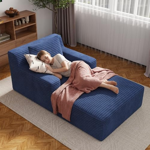 Aivermeil Boneless Couch Modernes Cord Bodensofa mit Schlaffunktion – Cloud Sofa mit Chaiselongue, 1 Kissen, Bequeme Sofa Couch für Wohnzimmer, Keine Montage erforderlich, Blau, 160 * 105 * 72