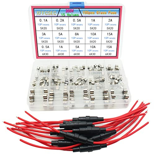 XFFCSEC Fuse Holder Kit:10pcs 18 AWG Screw Type 5X20 Inline Fuse Holder + 150pcs Quick Blow 250V Fuse 0.1A,0.2A,0.5A,1A,2A,3A,5A,8A,10A,15A,5x20mm, 0.5A,1A,5A,10A,15A,6x30mm