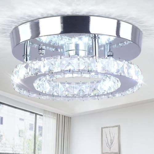 Modern Led Ceiling Light Fixture Mini Crystal Chandelier Flush Led Crystal Ceiling Light Finish Chrome Pendant Lamp for Kitchen Hallway Bedroom Dining Rooms Living Room (White Round)