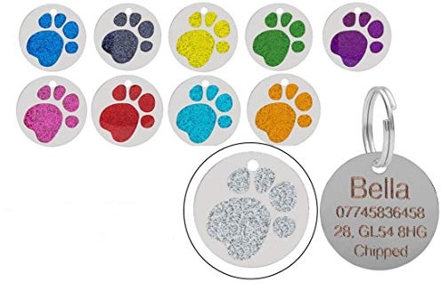 Personalised Engraved Round Glitter Paw Print Dog/Cat Pet ID Tag Small/Large (32mm - Large, Silver)