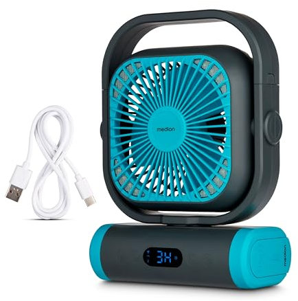 MEDION Ventilator E10 TF (Akku, Mini Ventilator, USB Ventilator klein mit Licht, Fernbedienung, 5 Stufen, Oszillation, Haken zum Aufhängen, Powerbankfunktion, ideal für Büro Camping Zelt) grün