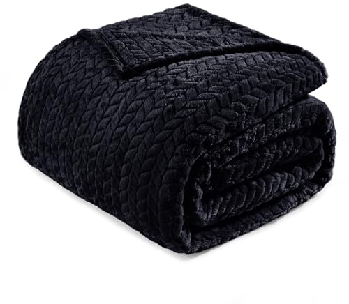 Exclusivo Mezcla Kuscheldecke Flauschig 220x240 cm Fleecedecke Tagesdecke | Flanell Decke, Bett, Sofa, Bettüberwurf, Blättermuster, Leicht, Warm, Maschinenwaschbar, Ganzjahreszeit, Schwarz