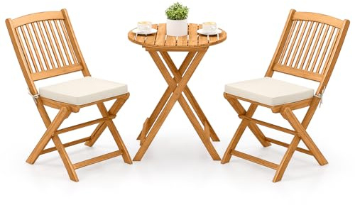COSTWAY Juego de Mesa y 2 Sillas para Jardín Mueble Grupo de Asiento de Madera Mesa Redonda y Silla Plegable para Terraza, Patio, Pasillo (Beige)