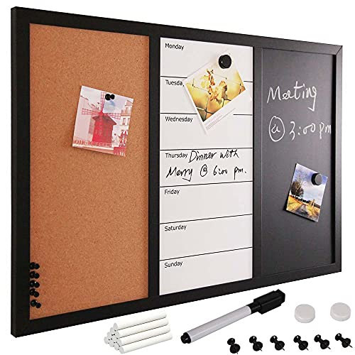 Bakaji Tableau magnétique blanc et noir avec tableau mémo en liège combiné 60 x 40 cm cadre bois avec set craies marqueur effaçable 2 aimants et 6 punaises design moderne maison bureau