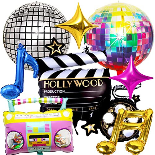 90er 80er Jahre Ballon Party Dekoration Luftballons Radio, 4D-Planet, Videokamera, Musiknotation, Radio Musiknote, vierzackiger Stern Foil Ballon für Back to 90er 80er Hip Pop Party Dekor,8pcs