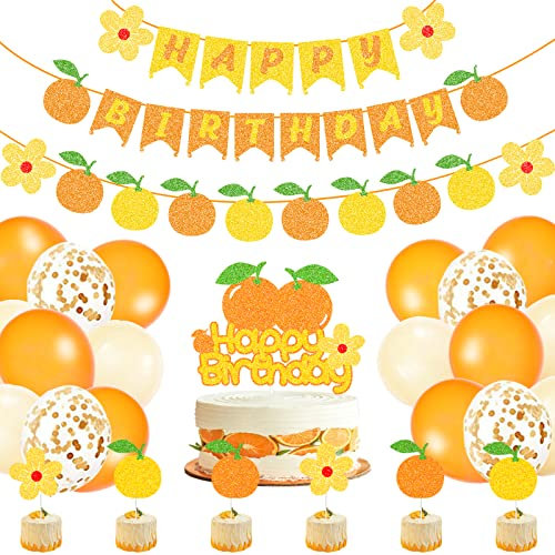 G-LOVELY'S 58pcs Orange Luftballon Set, Frucht Thema Latex Luftballons Geburtstag Dekoration Happy Mandarine Birthday Banner Cake Topper für Geburtstagsdeko Baby Shower Mädchen Sommerfest