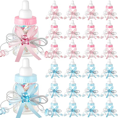 Nuenen 48 Pcs Baby Shower Milk Bottles with Ribbon Plastic Bear Candy Bottles Baby Shower Favors Gender Reveal Wedding Birthday Party Decorations(Blue, Pink)