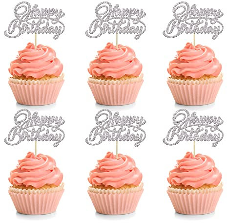 24 Pack Happy Birthday Cupcake Toppers Glitter Birthday Cupcake Food Picks for Celebrating Happy Birthday Party Cake Decorations Supplies Silver