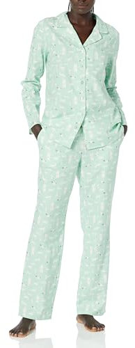 Amazon Essentials Women's Flannel Long-sleeved Button Front Shirt and Trousers Pyjama Set, Mint Green Forest Animals, XXS