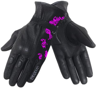 DEGEND BUTTERFLY | Guanti Moto da Donna per l'Estate con Griglie di Ventilazione e Protezione TPU - 100% in Pelle, Nero Viola, XXS