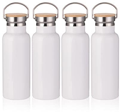 PYD Life Sublimationswasserflasche, Rohlinge, weiß, 480 ml, Edelstahl, Sportflasche, Vakuumflasche mit Bambusdeckel für Becher, Wärmepresse, Sublimationsdruck, 4 Stück