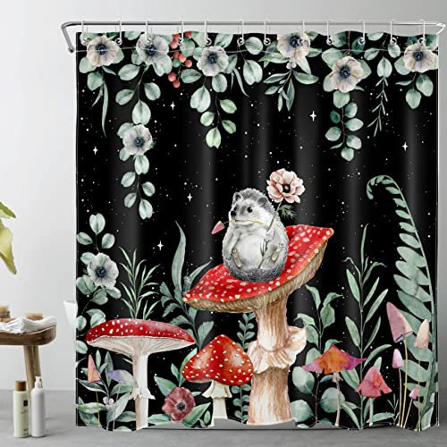 LB Grünes Eukalytusblatt Duschvorhang 180x180cm Niedlicher Igel auf rotem Pilz Antischimmel Wasserdicht Badezimmer Vorhänge, Schwarzer Himmel Polyester Stoff Bad Vorhang mit Haken