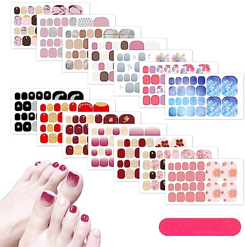 MWOOT 14 Pezzi Decalcomanie Autoadesive per Unghie dei Piedi Toenail Sticker, Adesivi per Smalto per Unghie dei Piedi, Decorazione per Nail Art con Lima per Unghie per Donne,Ragazze,Manicure Fai-da-te