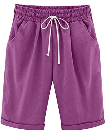 oglccg Women Half pant Plus Size Knee Length Cotton Linen Shorts w/ Pockets Summer Solid Beach Vacation Straight Leg Trousers Drawstring Elastic Waist Bermuda Shorts Casual Work Shorts, Purple, XL