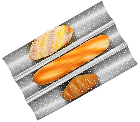 French Bread Pan Thickened Perforated Multi Slot Baguette Baking Pan Non Stick MultiGrooves Waves French Bread Pan Cooking Tray Mould Kitchen Tool (Three Slots)
