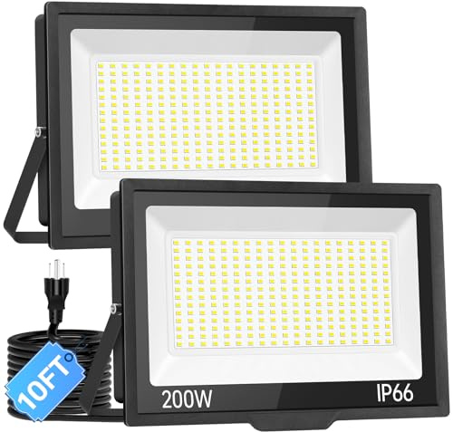 ISUERFY 200W LED Flood Light Outdoor with Plug, 24000Lm Super Brighter Security Light, IP66 Waterproof LED Worklight, 5000K Daylight White Exterior Floodlight for Yard Garden Garage Stadium(2 Pack)