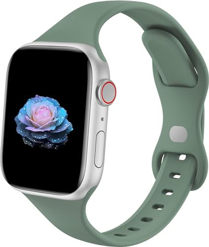 Sycamond Thin Silicone Band Compatible with Apple Watch 41mm 40mm 38mm, Slim Narrow Replacement Sport Strap Wristband for iWatch Series SE 10 9 8 7 6 5 4 3 Ultra 2 1 Women Men, S/M Pine Green