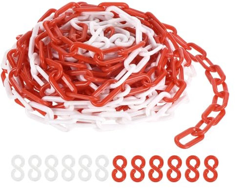 PATIKIL 15m Absperrkette Kunststoff mit 12 Kettenglieder Warnkette Plastikkette Sicherheitskette Plastik Dekorationskette von Flächen stabil für Absperrung, Rot Weiß