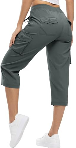 YSENTO Womens Shorts Walking Cargo 3/4 Length Hiking Shorts Lightweight Summer Capri Cropped Outdoor Pants with Multi Pockets(Dark Grey,XXL)