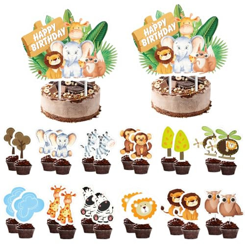 26Pcs Tiere Geburtstag Tortendeko, Zoo Tier Cake Topper, Dschungel Tier Cupcake Topper für Wald Safari Thema Geburtstag Deko für Fondant Muffins Tischdeko (Wildtiere)