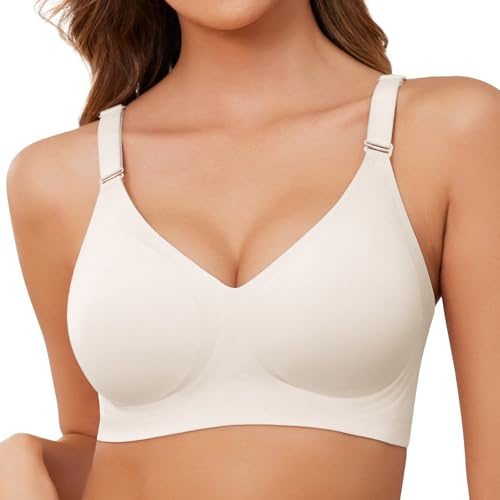 TOMEEK Bras for Women Non Wired Support Full Coverage Push up V Neck Seamless Wireless Bra Ladies Comfort Everyday Bras Zero Feel Bralettes with Pads,White, Size XL