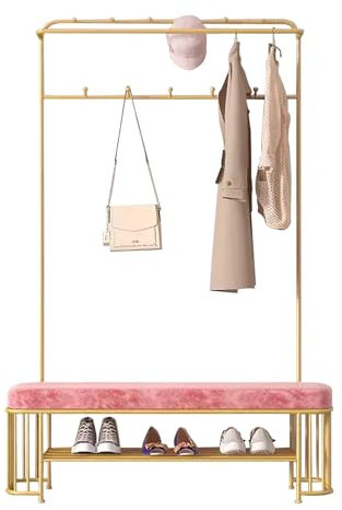 Narrow Hallway Tree Shaped Jacket Hanger Shoe Storage Bench/Cap/Gloves, 3 in 1 Hanger with Bench 2 Tier Shelf and Storage Hooks, Hallway Tree