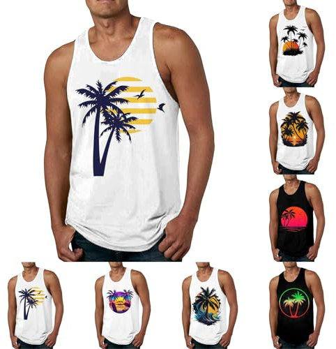 Generic Beach Vests Tank Tops for Men UK Casual Hawaiian Tropical Palm Tree Printed Sleeveless Muscle Tee Shirts Tops Workout Summer Vacation Blouses Tank Tops,A01 White,M