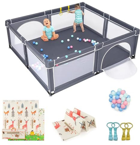 COSTWAY 206 x 186cm Baby Laufstall mit Matratze, Laufgitter mit 50 Spielbällen & atmungsaktivem Netz, Krabbelgitter mit 2 Türen, Laufgitterzelt für Säuglinge Kinder(Dunkelgrau, Hirsch Matratze)