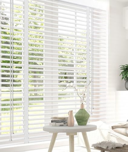 Errzom Holzjalousie Innen, 50mm lamellen von Holz, Fensterjalousie Holz Innenjalousie, Fenster Jalousien Inne, 60~140cm Innenjalousien Jalousien, Verdunkelungsrollos,Weiß,80Wx200L(cm)