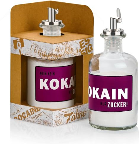 Geniess-Bar! Zuckerstreuer Glas KEIN KOKA!N-NUR ZUCKER! mit Geschenkbox Zucker & Edelstahl Ausgiesser gefüllt Traubenrot