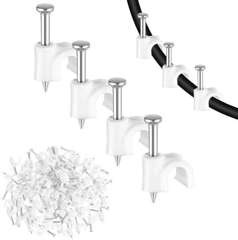 Andibro Clips para Cables Clip de Clavo,100pz Clips para Cables con Clavo Clips para Cables Redondos de 4mm Soporte para Cables de Montaje en Pared Clips para Cables Sujeciones de Pared Cable de Red