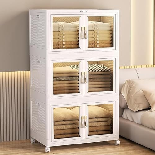 Voova 46L*3 Tier Storage Box with Lid, Large Stackable Closet Organiser and Storage Cabinet with Front Door & Wheel, Collapsible Plastic Storage Drawers for Bedroom Living Room Study Office