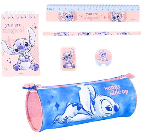Disney Stitch Briefpapier Set, Bestehend aus Notizbuch, Radiergummi, Bleistiftspitzer, Lineal und Etui, Geschenk Briefpapier Set für Mädchen