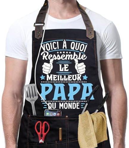 VJOLI Lustige Küchenschürze, Grillschürze, Herren, dick, Grillschürze, Herren, 6 Taschen, verstellbare Größe, schmutzabweisend, lustige Schürze, Familie, Restaurant, Garten, Grill, Café, Schwarz ,