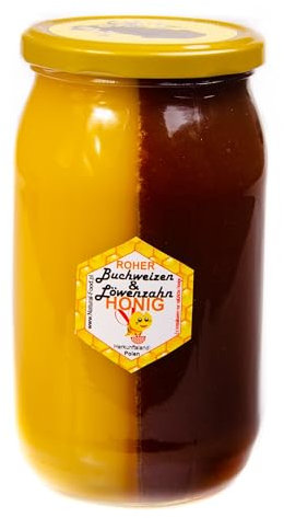 Natural Food – Miel crudo, natural, sin aditivos, sin filtrar, sin calefacción, miel pura, sin procesar, sabor auténtico – 2 en 1 miel de trigo sarraceno y miel de diente de león 1,1 kg