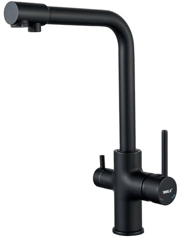 BELZ Grifo Cocina, Grifos Cocina Fregadero Giratorio 360°, Grifo de cocina Osmosis de 3 vias con barra doble, Caliente y Fria Agua, 2 salidas, latón cromado (Negro)