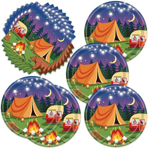 Egami 40pcs Camper Party Supplies,include 20 Dessert plate and 20 Napkin,Camping Adventure Bears Sign Party Plate Napkin Set，Used for Camping Party Decoration (greener2)